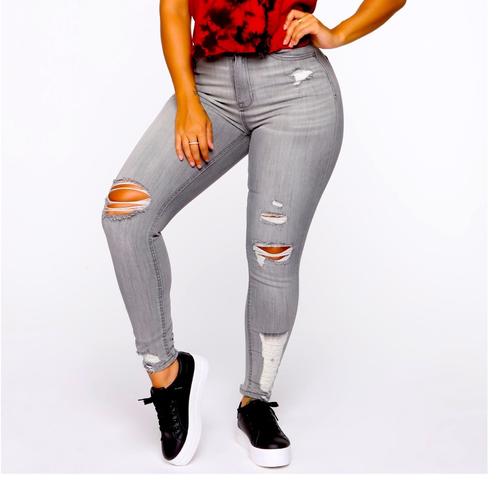Grey Distressed Ripped Skinny Jeans